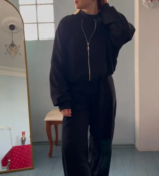 Siyah Oversize Fermuarlı Kadın Eşofman Takımı