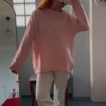 Bisiklet Yaka Uzun Kollu Oversize Pembe Triko Kazak