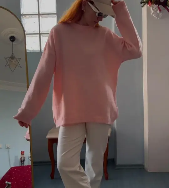 Bisiklet Yaka Uzun Kollu Oversize Pembe Triko Kazak