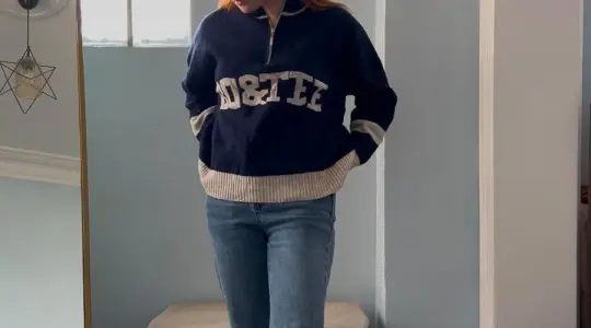 Lacivert Yazılı Fermuarlı Yün Kazak