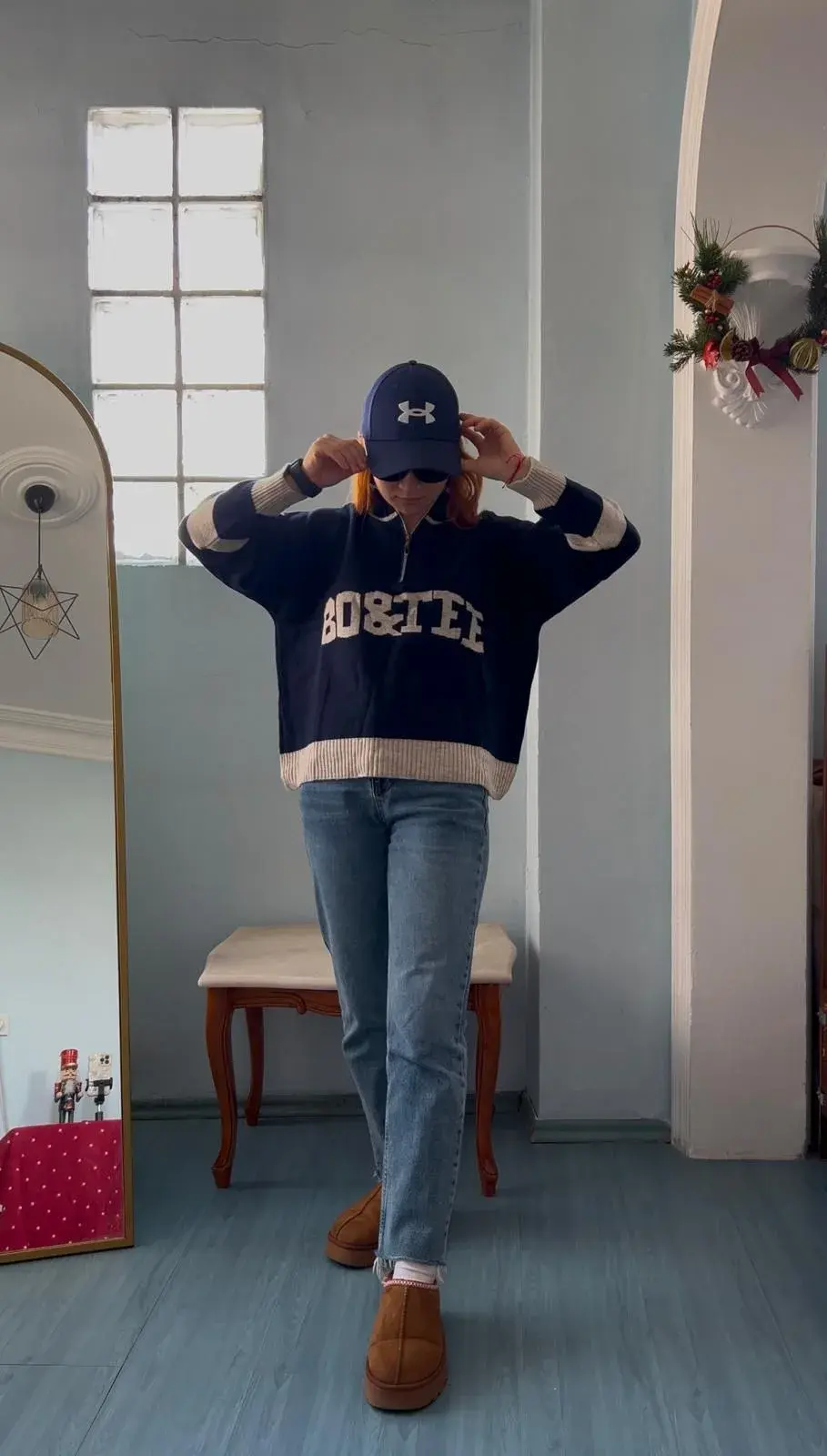 Lacivert Yazılı Fermuarlı Yün Kazak