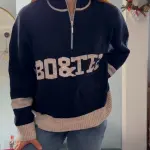 Lacivert Yazılı Fermuarlı Yün Kazak