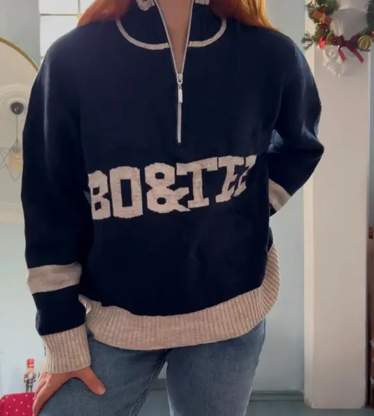 Lacivert Yazılı Fermuarlı Yün Kazak