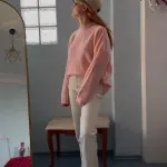 Bisiklet Yaka Uzun Kollu Oversize Pembe Triko Kazak