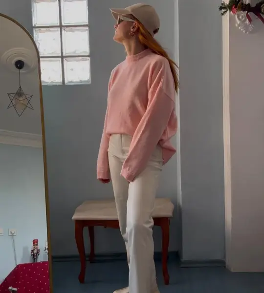 Bisiklet Yaka Uzun Kollu Oversize Pembe Triko Kazak