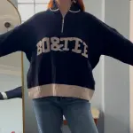 Lacivert Yazılı Fermuarlı Yün Kazak